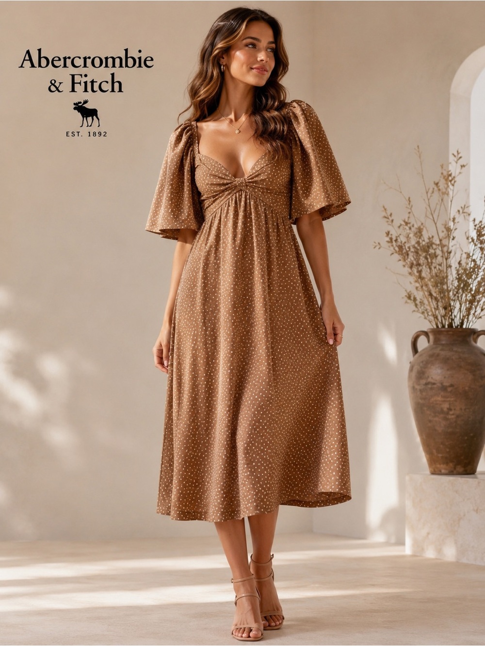 Abercrombie & Fitch Angel Sleeve Twist Front Midi Dress Brown Polka Dot Small W